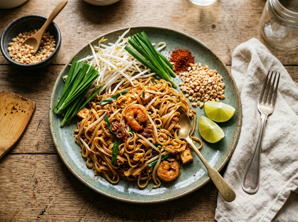 Pad Thai auf einer flachen Servierplatte: braun-orange Nudeln mit Garnelen, Tofu, Eier, Sojasprossen, Schnittknoblauch — daneben Erdnüsse, Limetten-Schnitze und Chilipulver.