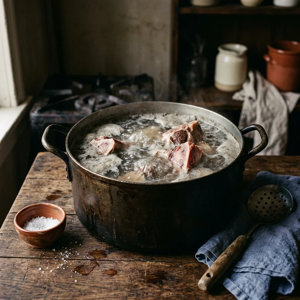 Rinderknochen blanchieren in sprudelndem Wasser, grauer Schaum an der Oberfläche.