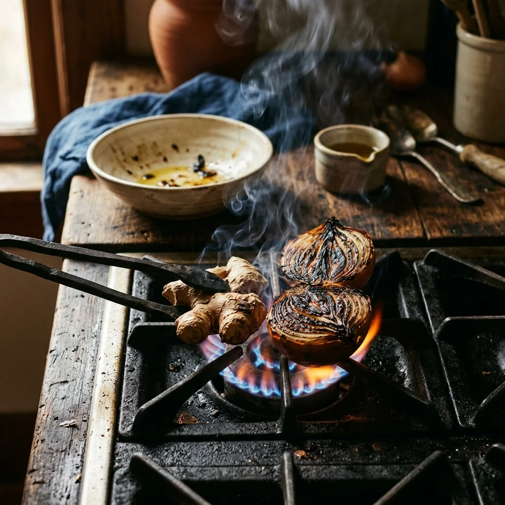 Halbierte Zwiebeln und Ingwer karamellisieren tief schwarz-braun auf einer Gasflamme, sichtbarer Rauch.