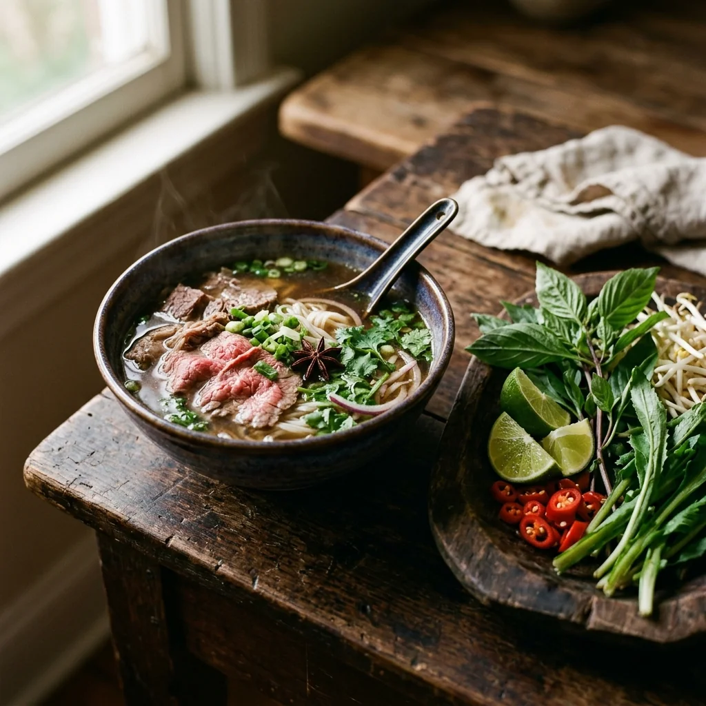 Fertige Pho Bo in tiefer Schale, daneben eine Platte mit Thai-Basilikum, Limetten, Bohnensprossen und Chilis.