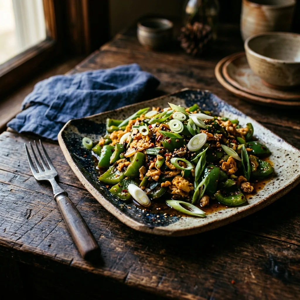 Fertige grüne Paprika mit Rührei in einer flachen Schüssel, Frühlingszwiebel obenauf.