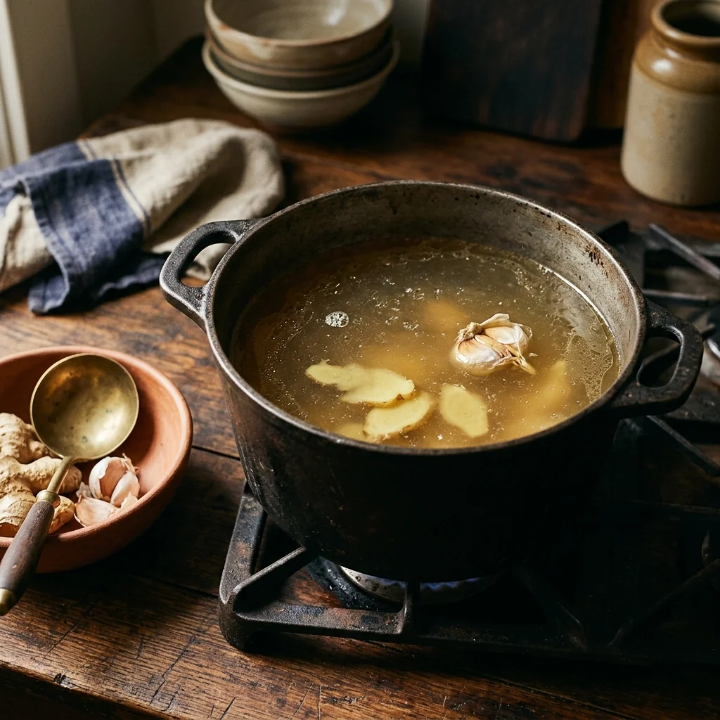 Goldene Hähnchenbrühe köchelt sanft in einem schweren Topf, kein Sprudeln, nur leichtes Bewegen der Oberfläche.