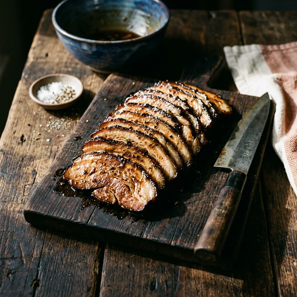 Dünne Scheiben Schweinebauch-Chashu, glasiert in dunkler Tare, auf einem Holzbrett.