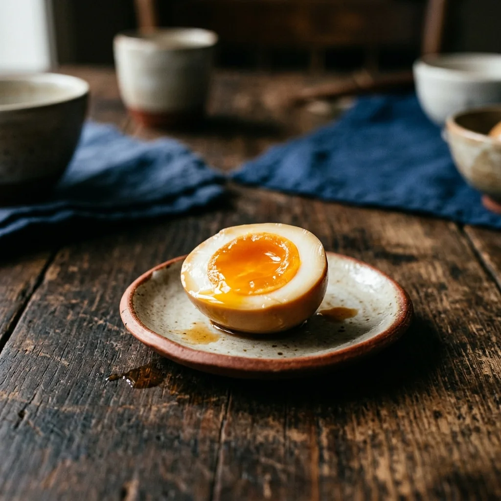 Halbiertes Ajitama mit goldenem, leicht flüssigem Eigelb, das Weiß bernsteinfarben durchgezogen.