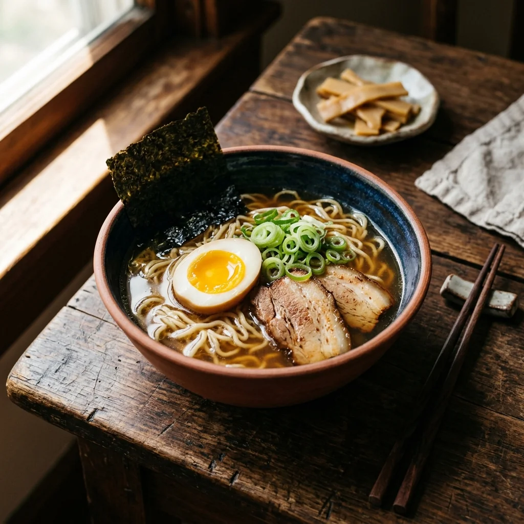 Fertiges Shoyu Ramen — klare bernsteinfarbene Brühe, gewellte Nudeln, Chashu, halbiertes Ajitama, Nori aufrecht.