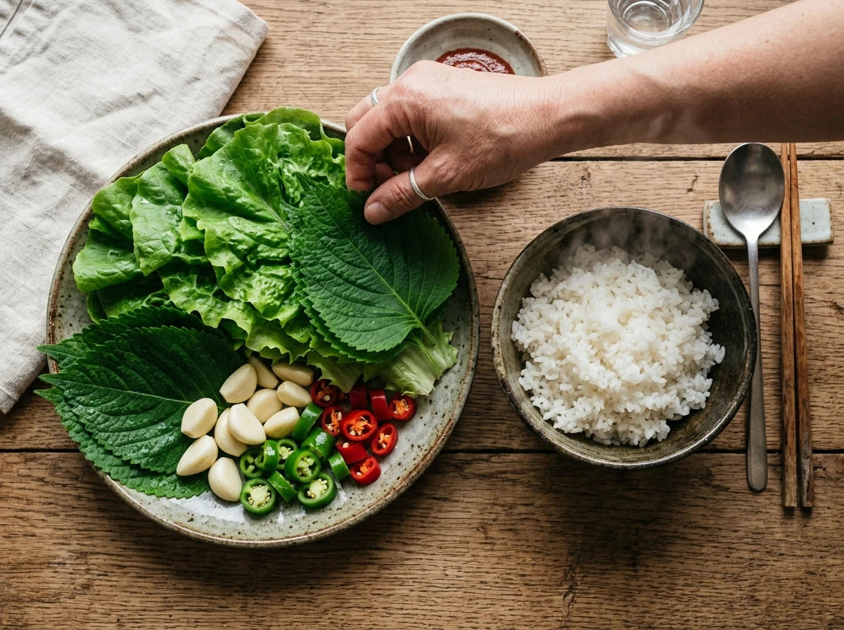Eine große Servierplatte mit Salatblättern, Perilla-Blättern, ganzen Knoblauchzehen und Chili-Ringen, daneben eine Schüssel dampfender Kurzkorn-Reis.