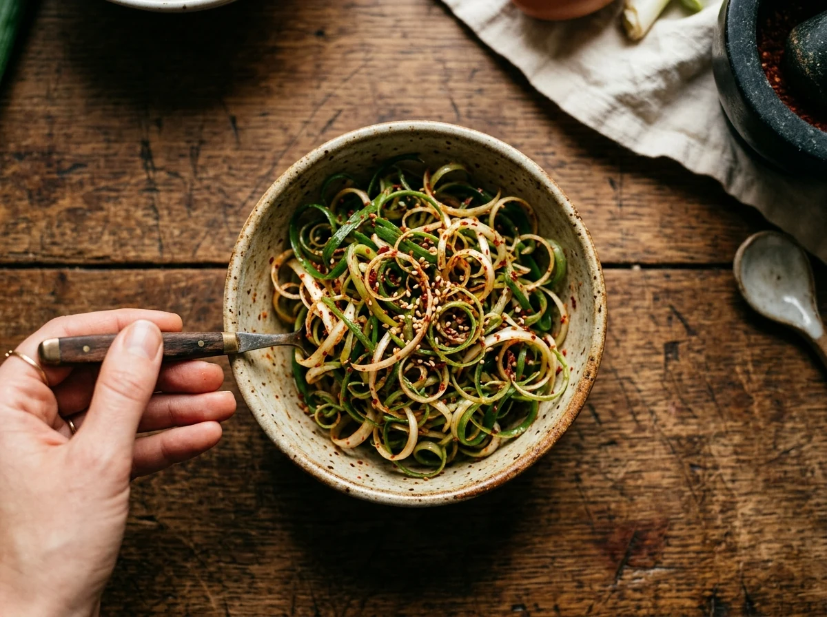 Eine kleine Schale mit gekräuselten dünnen Frühlingszwiebel-Streifen, leicht orange durch Gochugaru.