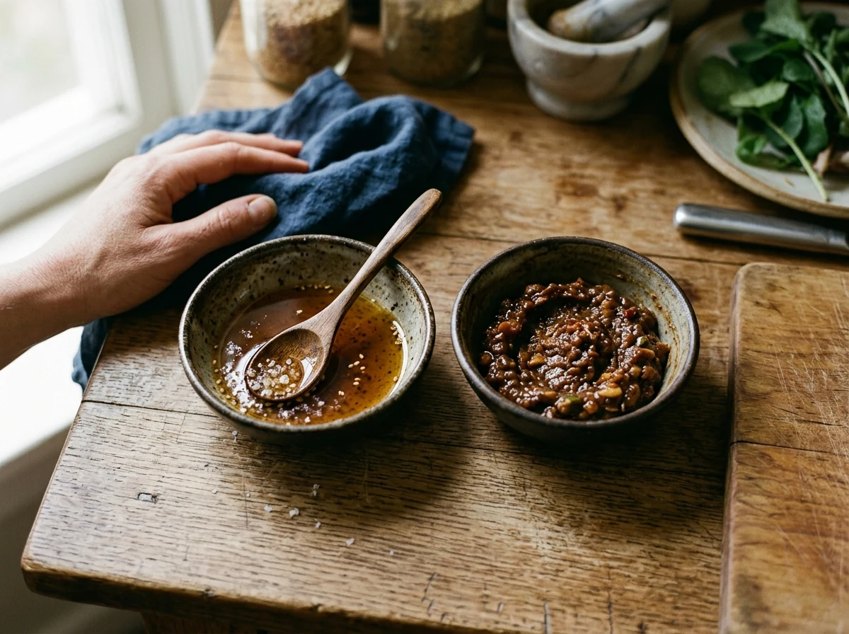 Zwei kleine Schalen nebeneinander: links bernsteinfarbenes Sesamöl mit Salz, rechts dunkelbraune Ssamjang-Paste.