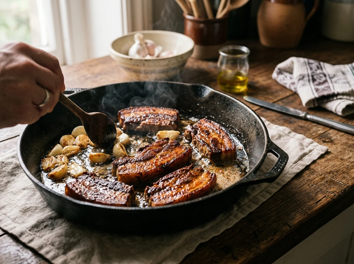 Dicke Schweinebauch-Streifen mit tief karamellisierter Oberfläche in einer schweren Pfanne, daneben goldbraune Knoblauchzehen.