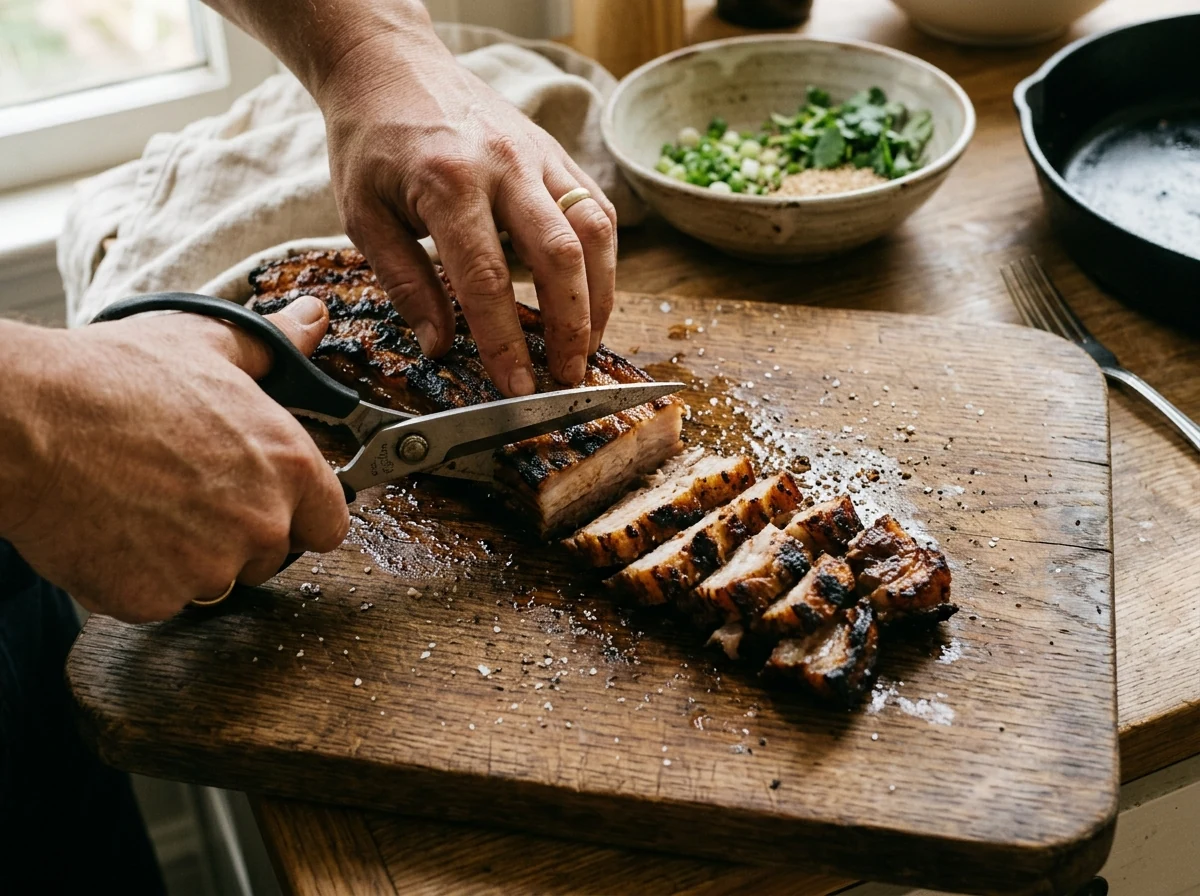 Hände schneiden gebratene Schweinebauch-Streifen mit einer Küchenschere in 3 cm breite Stücke auf einem Holzbrett.
