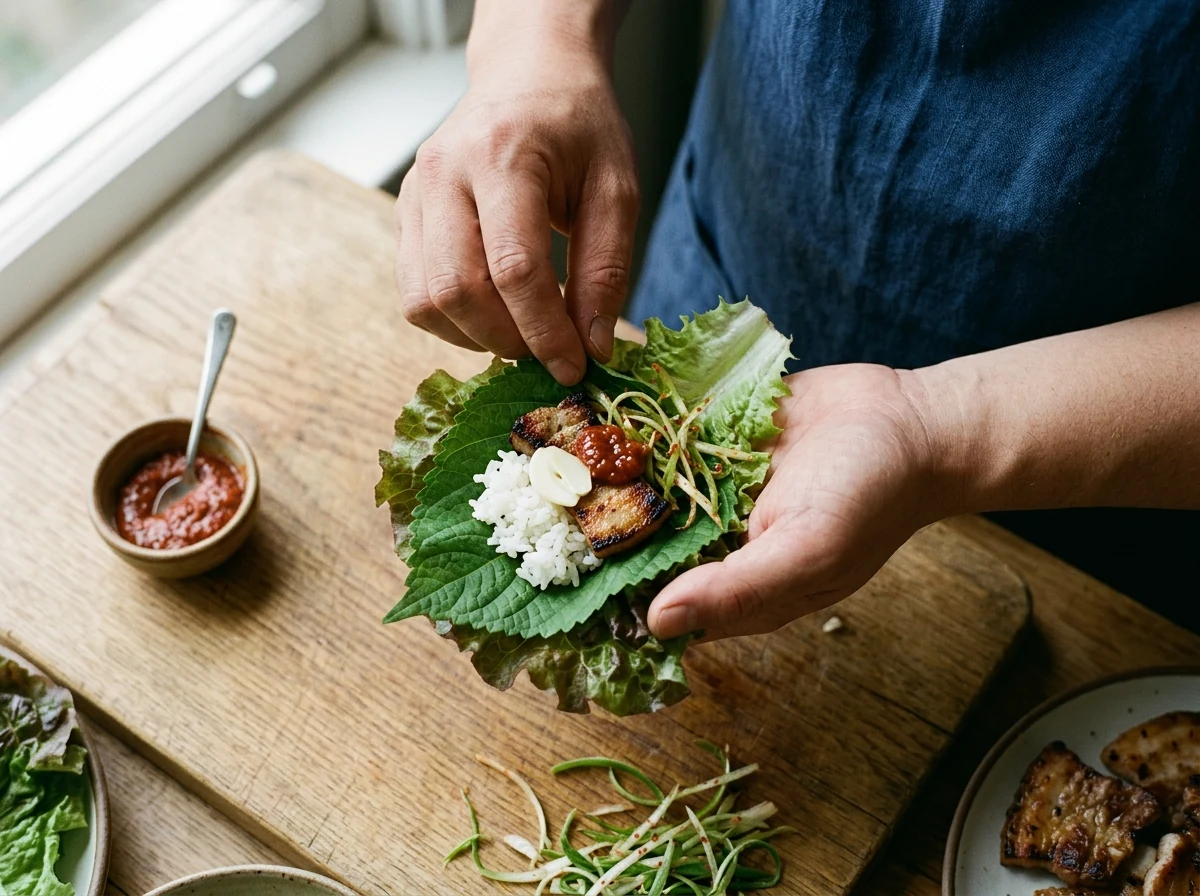 Eine Hand wickelt ein Salatblatt um Reis, Schweinebauch-Stück, Knoblauchzehe, Frühlingszwiebel-Salat und Ssamjang — koreanischer Ssam-Wickel.