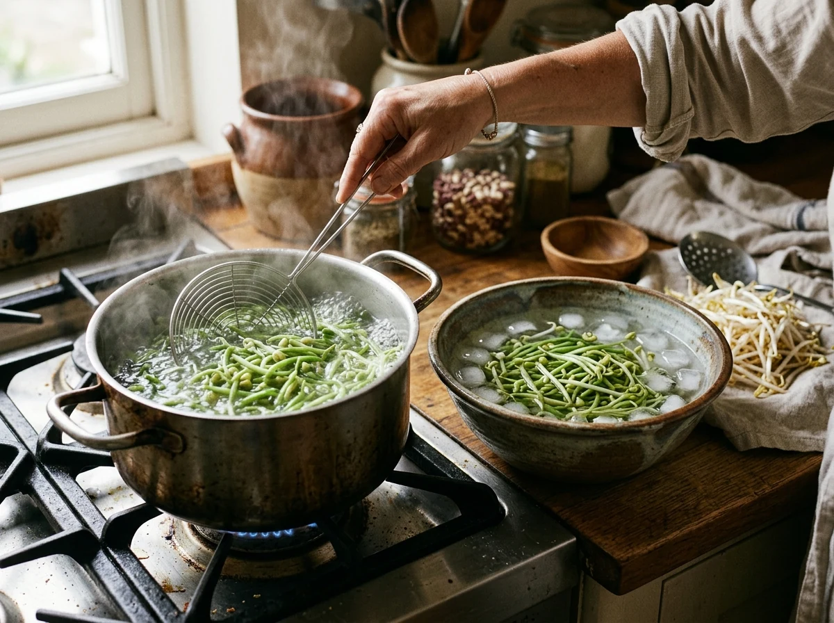 Sojasprossen blanchieren in sprudelndem Wasser, daneben eine Schüssel mit Eiswasser.