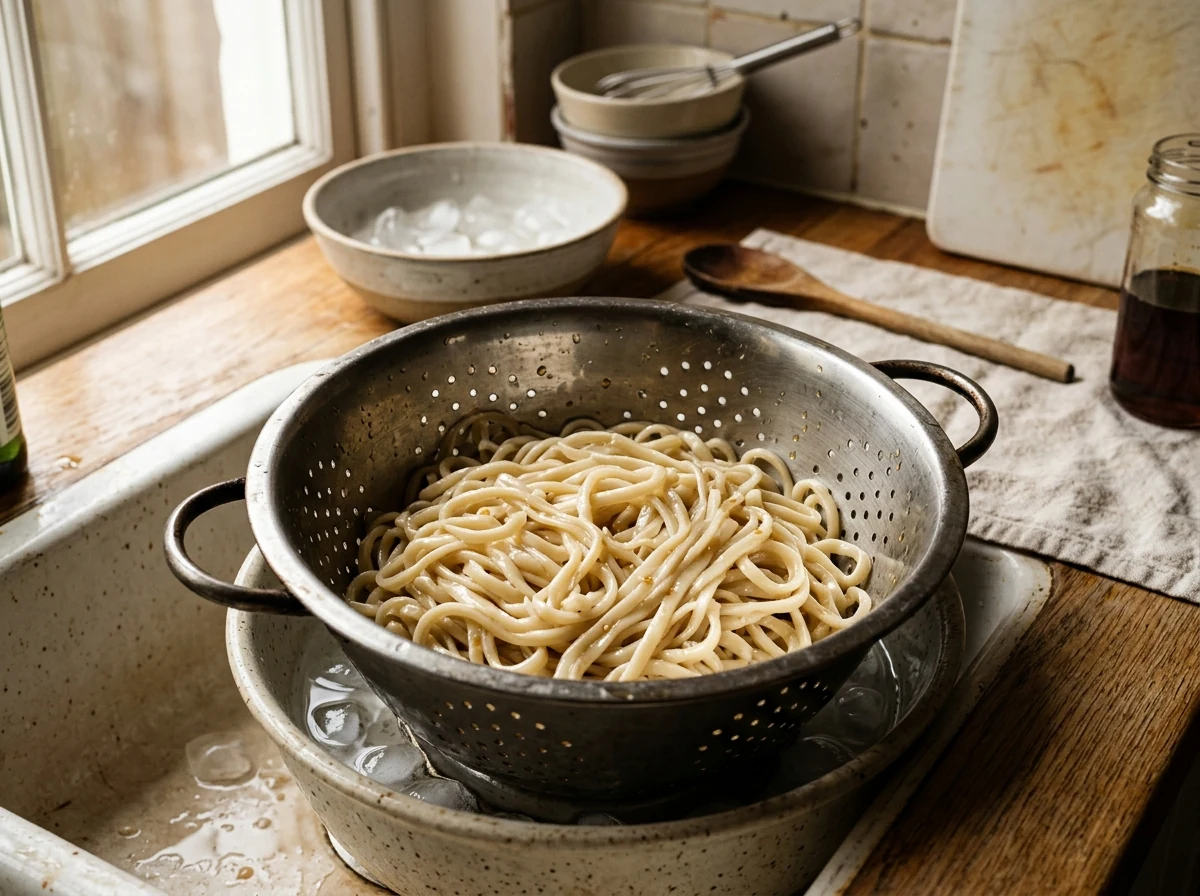 Eiskalt abgeschreckte Weizennudeln in einem Sieb, mit etwas Sesamöl glänzend.