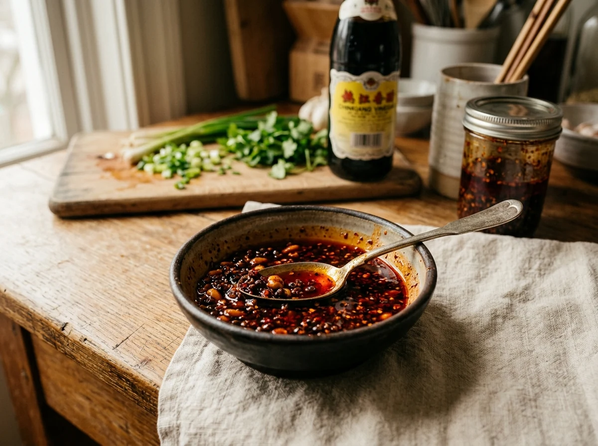 Tiefrote, glänzende Sichuan-Sauce in einer kleinen Schüssel, mit Sichuan-Pfeffer-Stippen sichtbar.