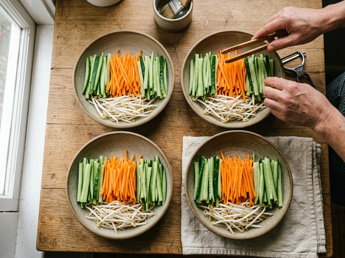 Vier flache Schalen mit Betten aus Sojasprossen, Gurken-Julienne und Karotten-Julienne in Streifen-Komposition.