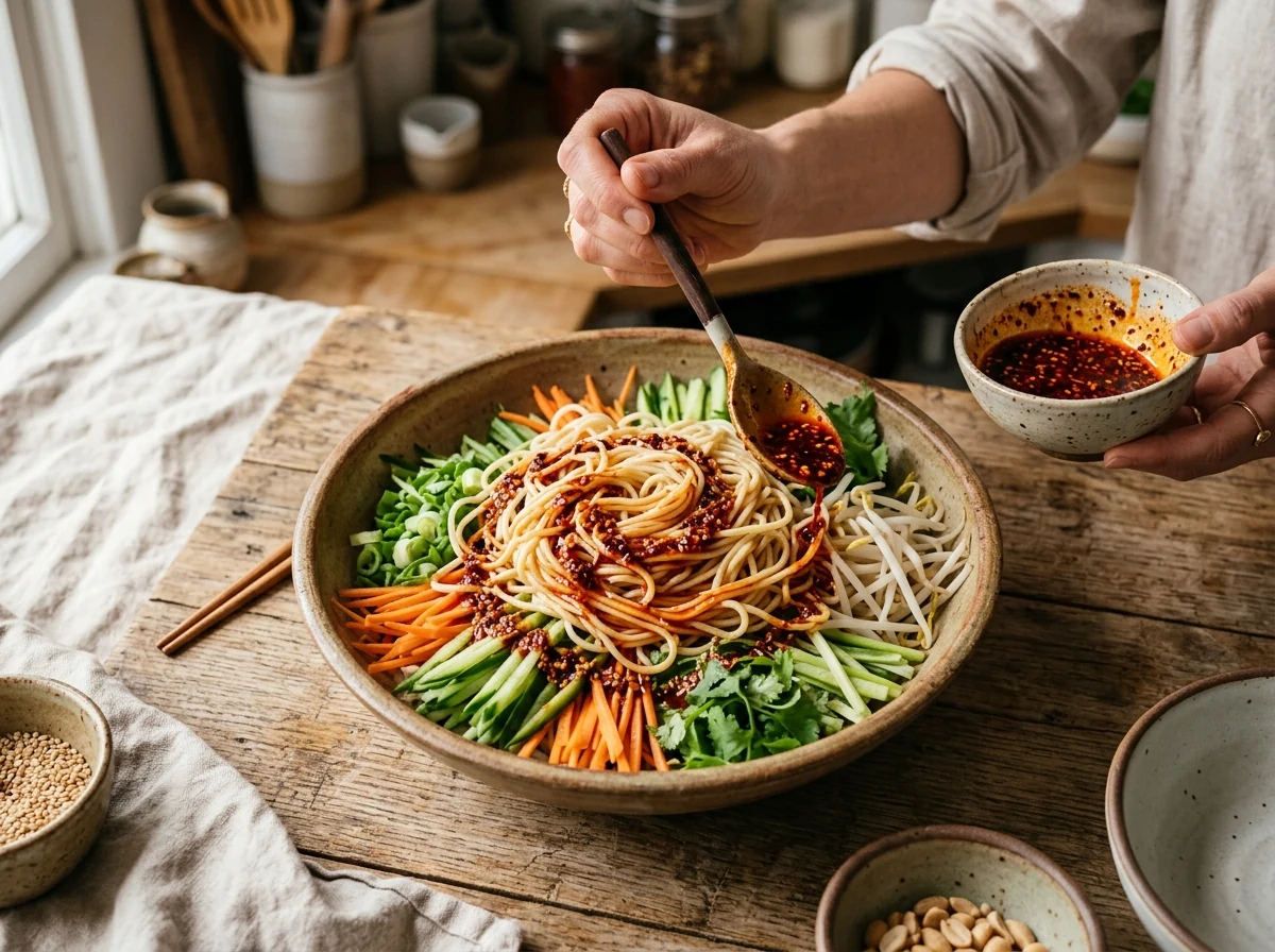 Kalte Weizennudeln auf einem Bett aus Gemüse mit Schwaden tiefroter Sichuan-Sauce darauf.