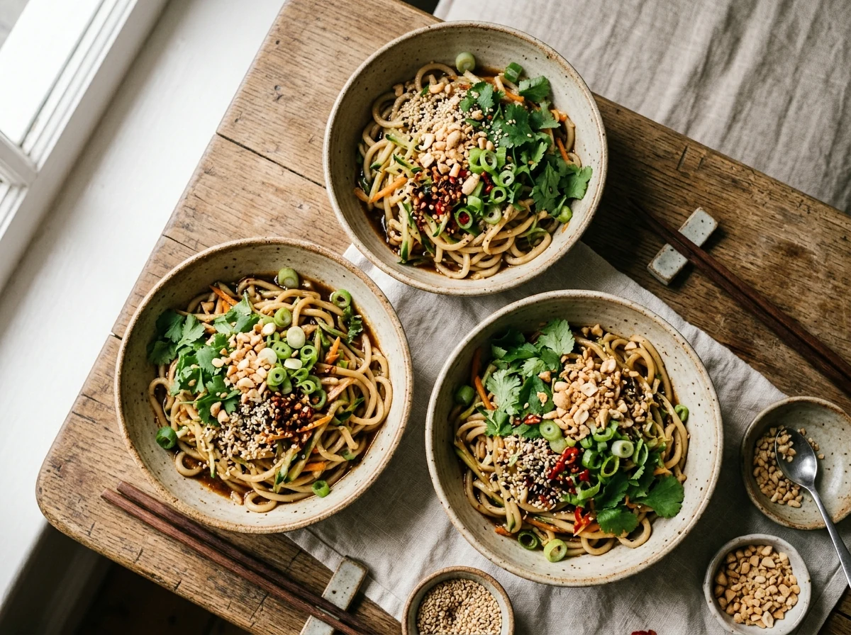 Fertige Sichuan Cold Noodles mit Erdnüssen, Sesam, Frühlingszwiebel und Koriander getoppt, vor dem Mischen.