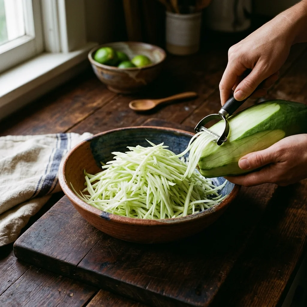 Grüne Papaya wird mit einem Julienne-Hobel in feine Streifen geschnitten, die Streifen häufen sich auf einem Holzbrett.