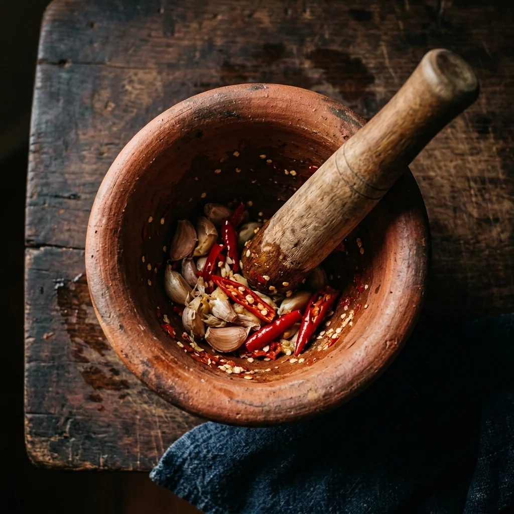 Tonmörser mit grob zerstoßenem Knoblauch und roten Vogelaugenchilis.