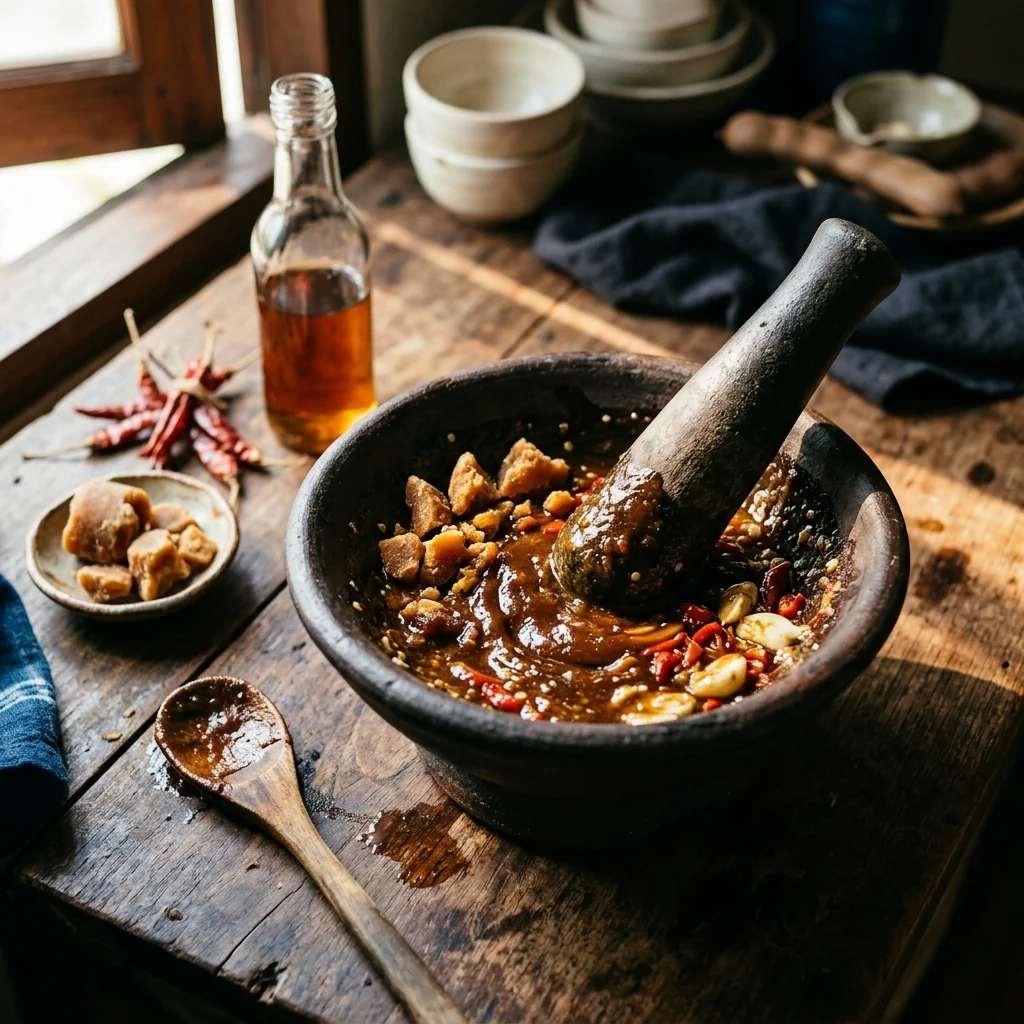 Im Mörser werden Palmzucker, dunkle Tamarindenpaste und Fischsauce mit Knoblauch und Chilis vermischt.
