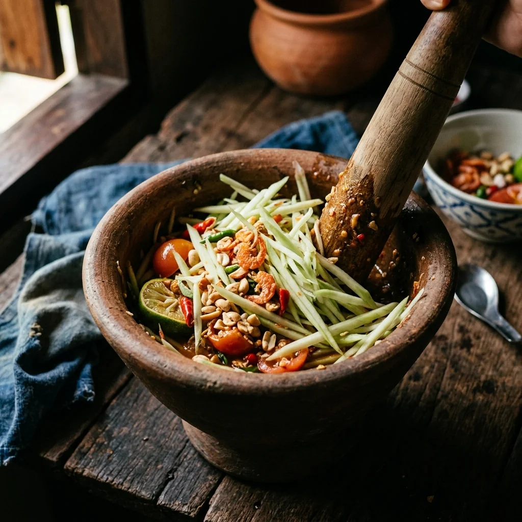 Grüne Papaya-Streifen werden im Mörser sanft mit der Sauce vermischt, getrocknete Garnelen und Erdnüsse sichtbar.
