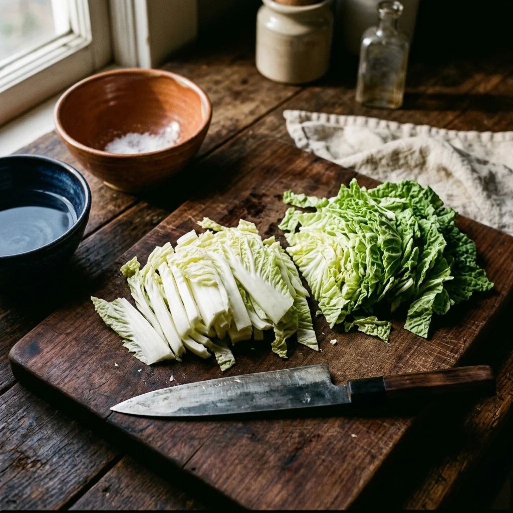 Chinakohl in 1.5-cm-Streifen geschnitten, weiße Strunkstücke und grüne Blätter getrennt.