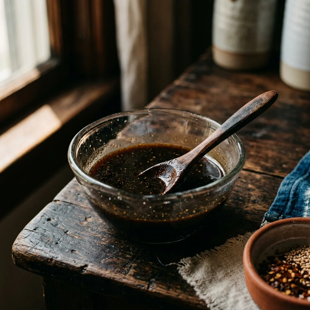Glatt gerührte dunkle Soße in einer Schüssel mit Chinkiang-Essig und Sojasauce.
