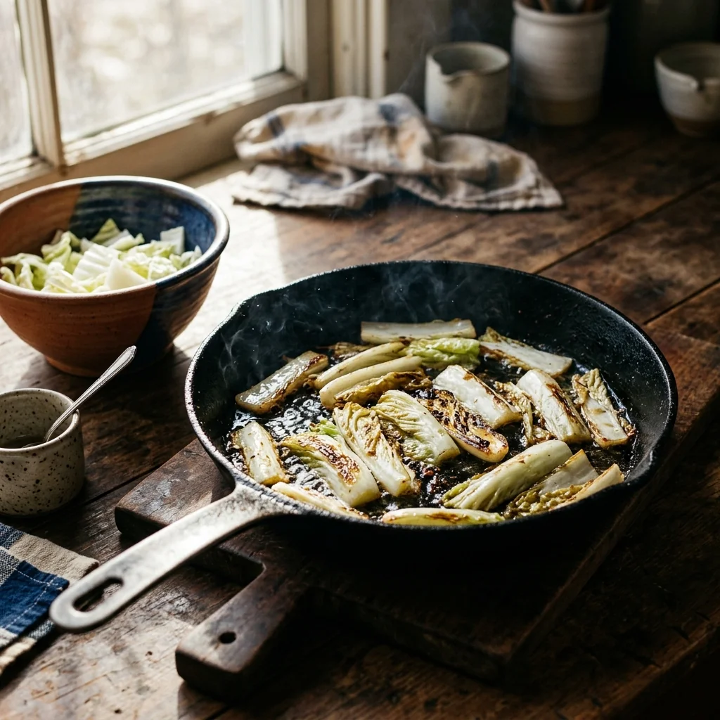 Weiße Chinakohl-Strunkstücke brutzeln in der Pfanne, beginnen leicht zu blistern.