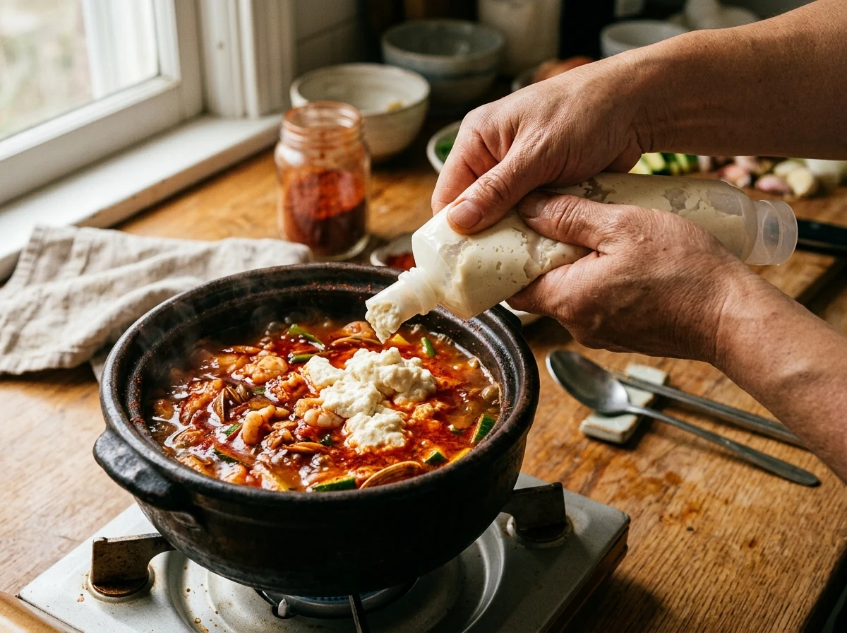 Sundubu wird in groben Brocken aus der Tube direkt in die rote, köchelnde Brühe gedrückt.