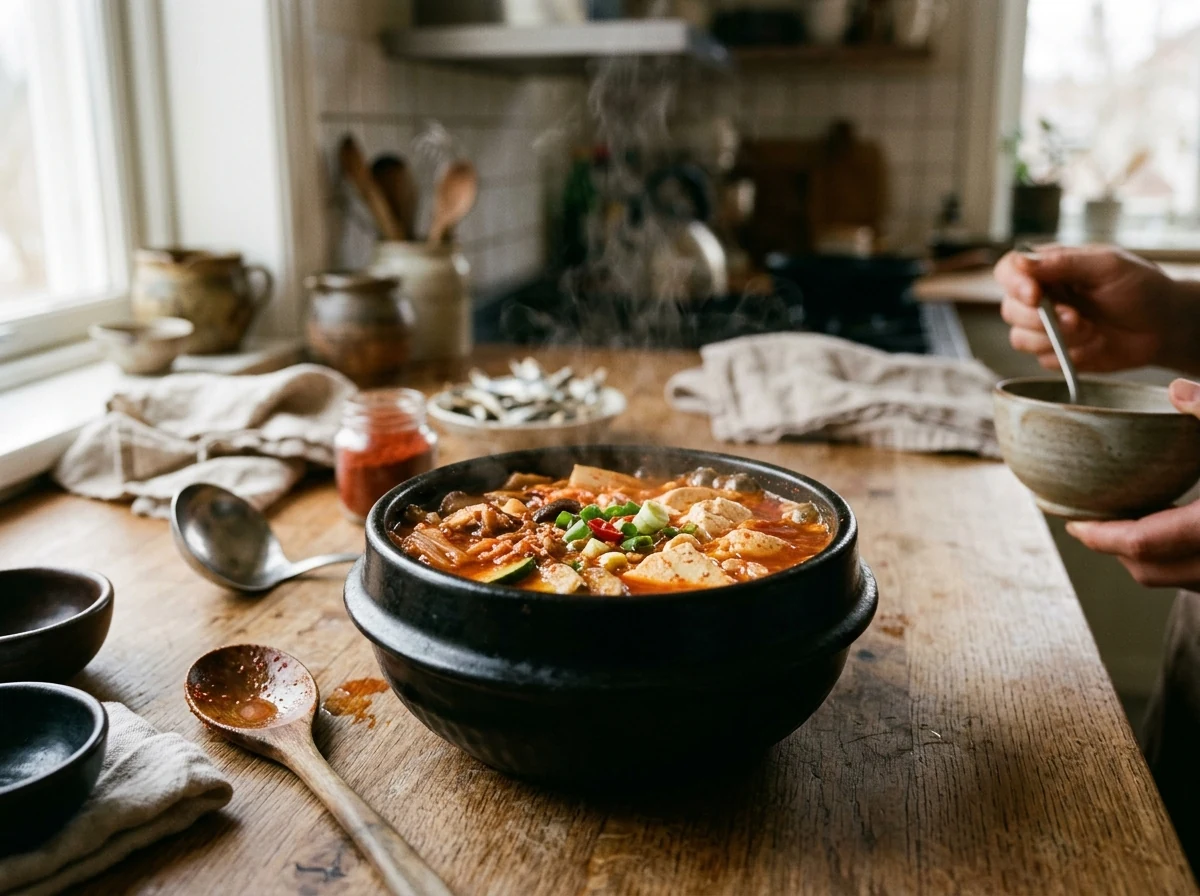 Tiefrote Sundubu-Jjigae-Brühe köchelt sanft, Tofu-Brocken sichtbar an der Oberfläche.