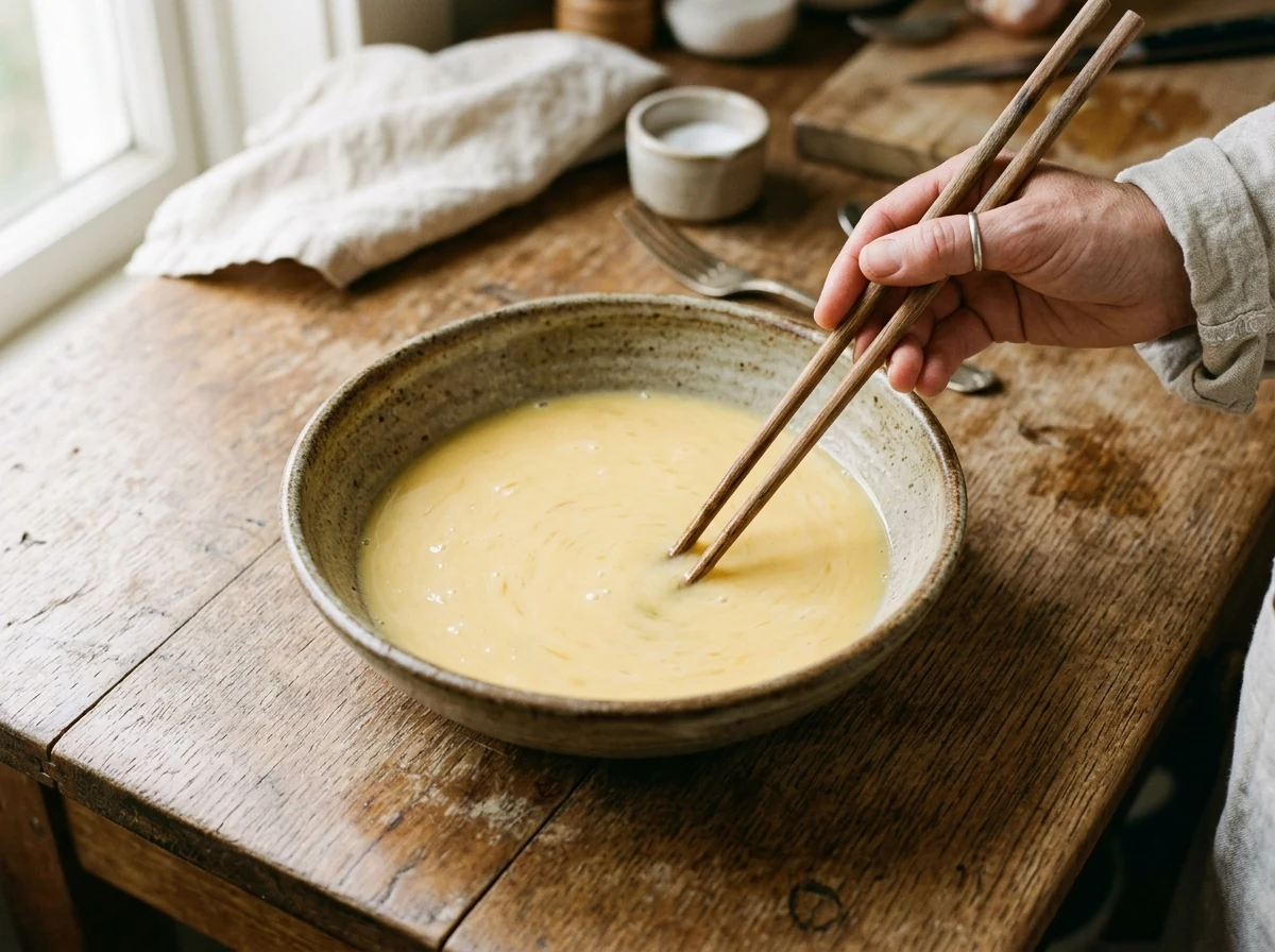 Eier-Dashi-Mischung in einer Schüssel, sanft mit Stäbchen verrührt, ohne Schaum-Bläschen.