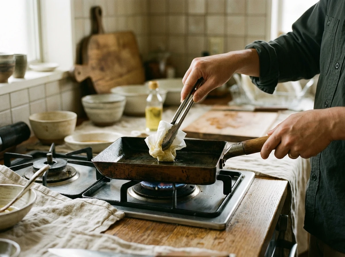 Eine rechteckige Tamago-Pfanne auf dem Herd, dünner Ölfilm sichtbar, daneben ein ölgetränktes Küchenpapier auf einer Zange.