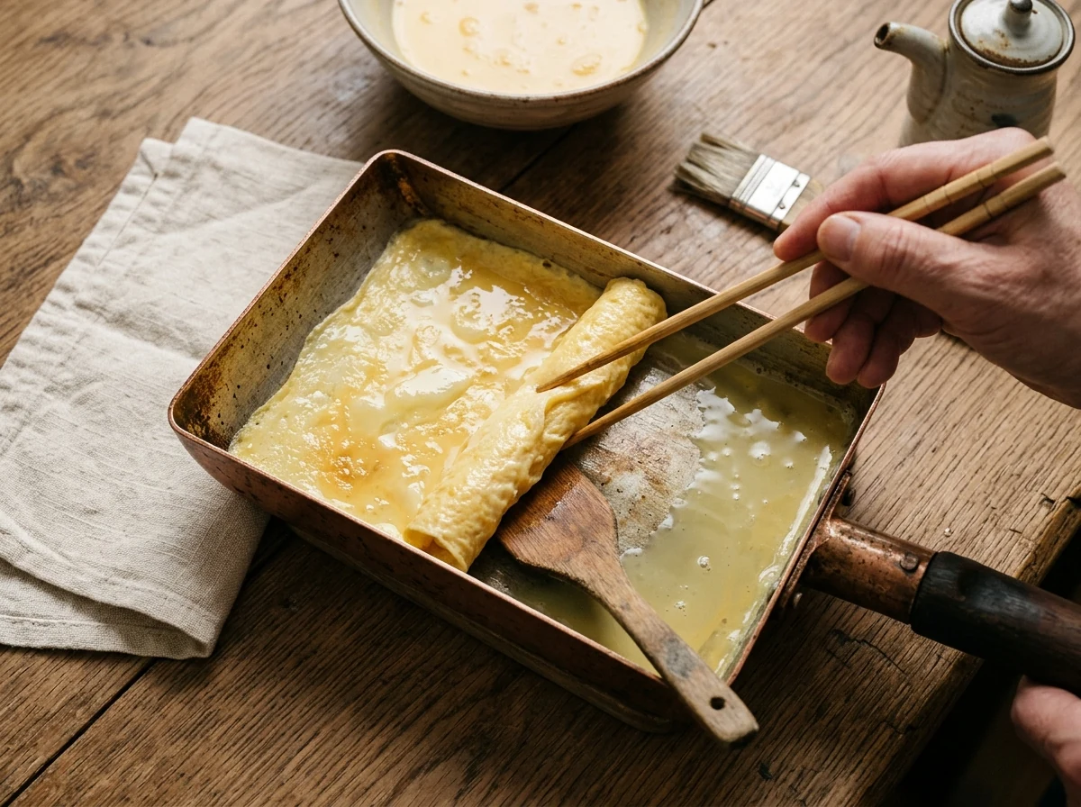 Erste dünne Schicht goldgelber Eiermischung in einer rechteckigen Pfanne, am Rand wird sie zu einer kleinen Rolle aufgerollt.
