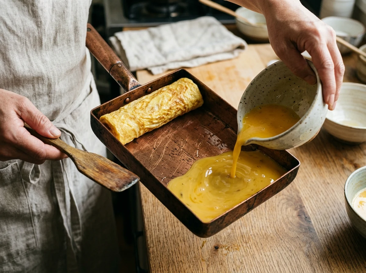 Zweite Schicht Eiermischung wird unter eine bestehende Rolle gegossen und mit aufgerollt, in einer rechteckigen Tamago-Pfanne.