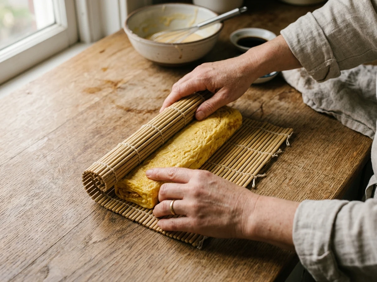 Tamagoyaki-Rolle wird in eine Bambusmatte (Makisu) eingerollt, um die rechteckige Form zu fixieren.
