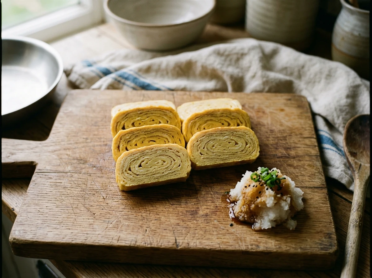 Tamagoyaki in 2 cm dicke Stücke geschnitten, konzentrische gelbe Schichten im Querschnitt sichtbar, daneben ein Häufchen Daikon Oroshi mit Sojasauce.