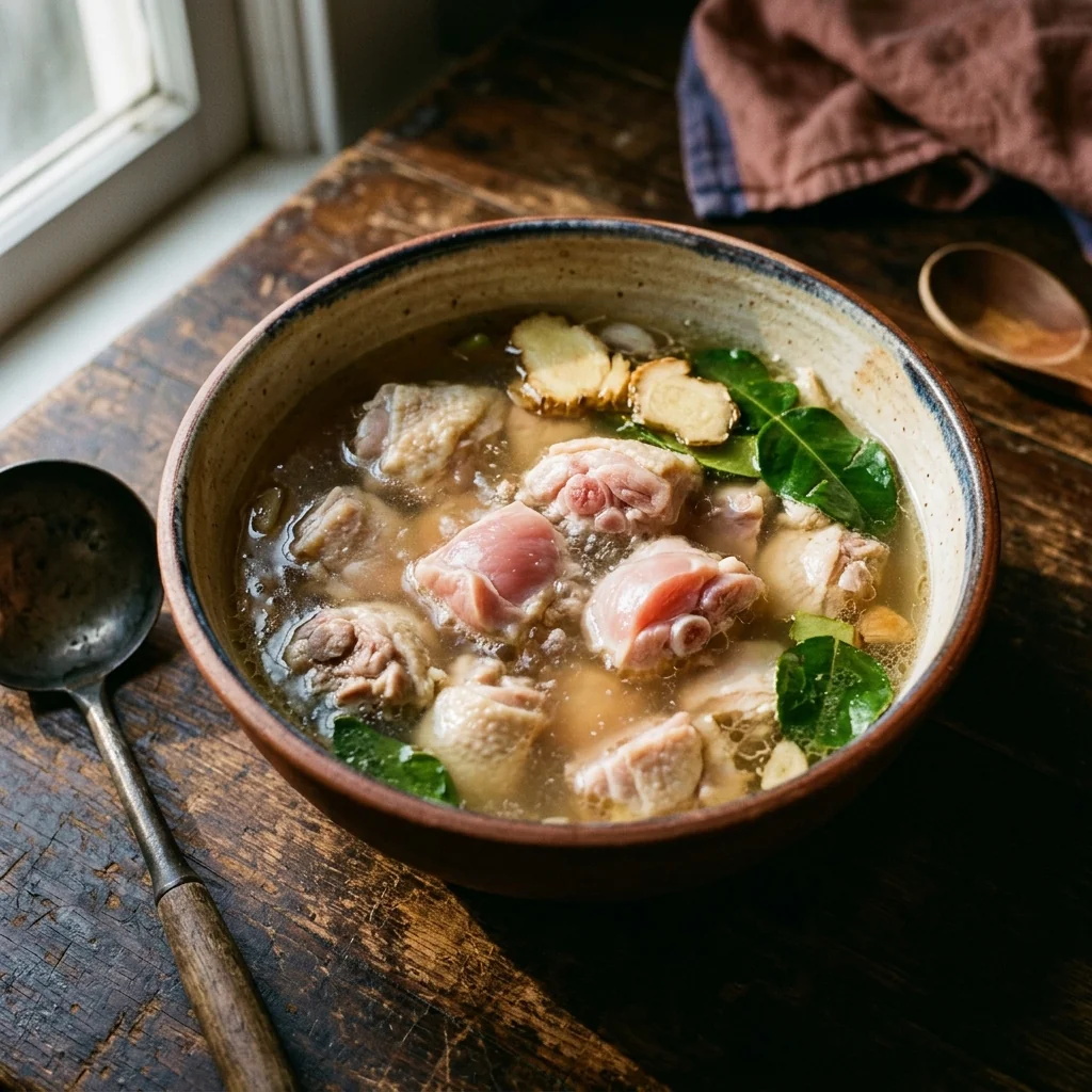 Hähnchenschenkel-Würfel garen sanft in einer ziehenden hellen Brühe mit Aromaten.