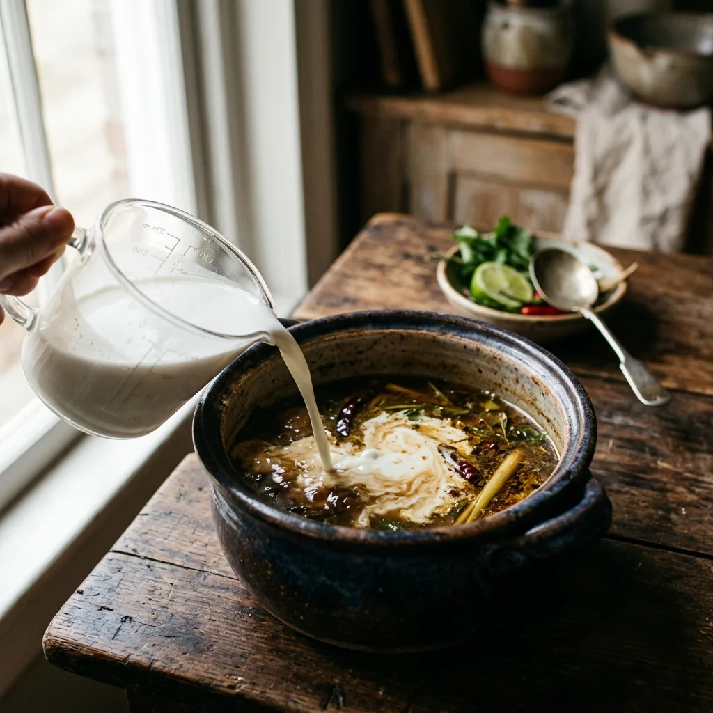 Cremige weiße Kokosmilch wird in die ziehende Brühe gegossen, leichtes Wirbeln im Topf.