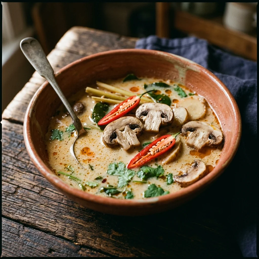 Champignons und längs halbierte Thai-Chilis schwimmen in cremiger Tom-Kha-Brühe.