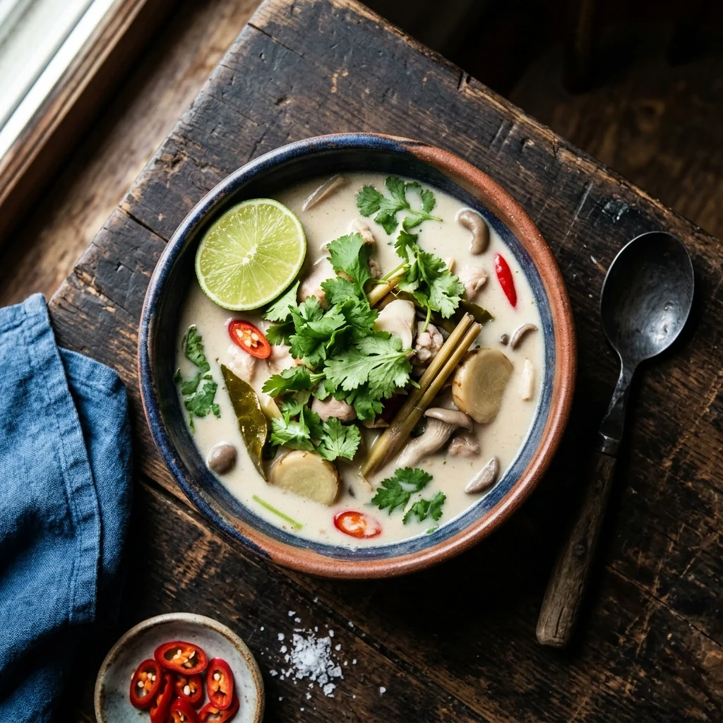Tom Kha Gai in einer tiefen weißen Schale, frischer Koriander obenauf, Limettenscheibe am Rand, Galgant und Limettenblätter sichtbar.