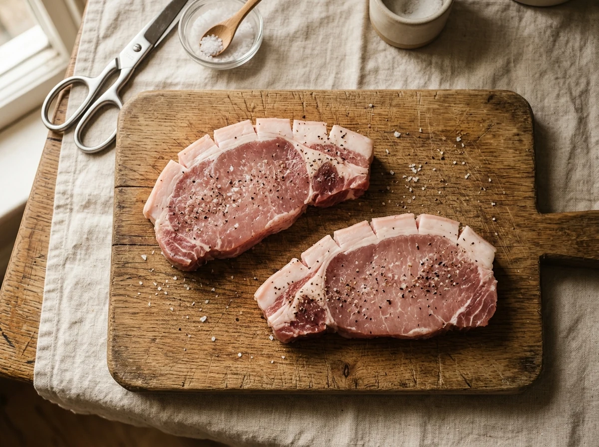 Schweinerücken-Steaks mit eingeschnittenen Fetträndern auf einem Schneidebrett, salzlich gewürzt.