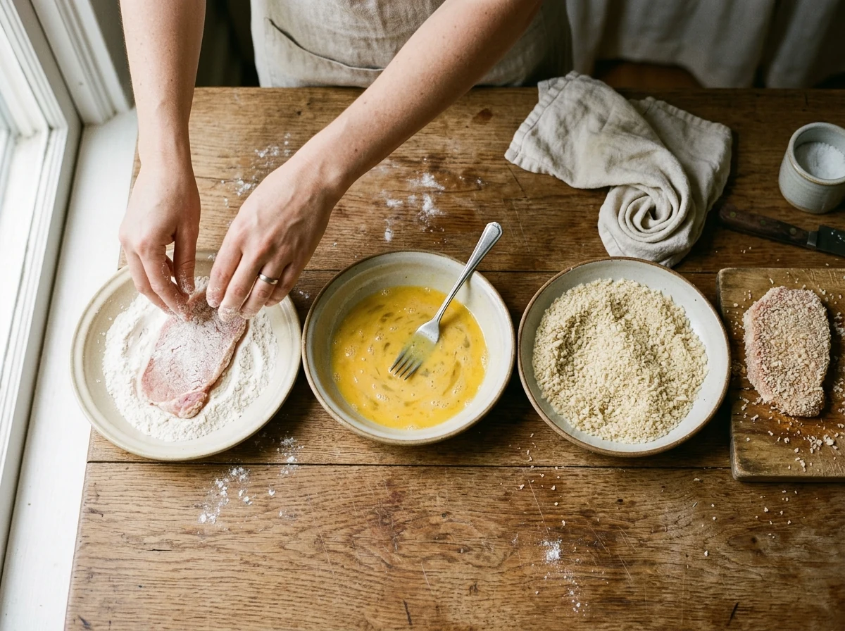 Drei flache Schalen nebeneinander mit Mehl, verquirlten Eiern und Panko, ein paniertes Schweinerücken-Steak auf einem Brett daneben.