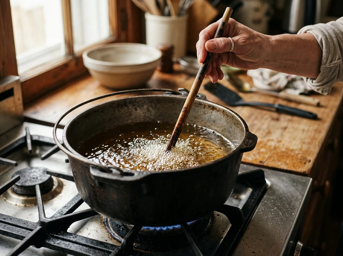 Heißes Öl in einem schweren Topf, ein Holzstäbchen wird getestet, feine Bläschen sichtbar.