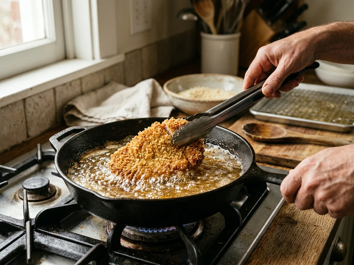 Goldgelb frittierendes paniertes Schweineschnitzel in heißem Öl, dampfend.