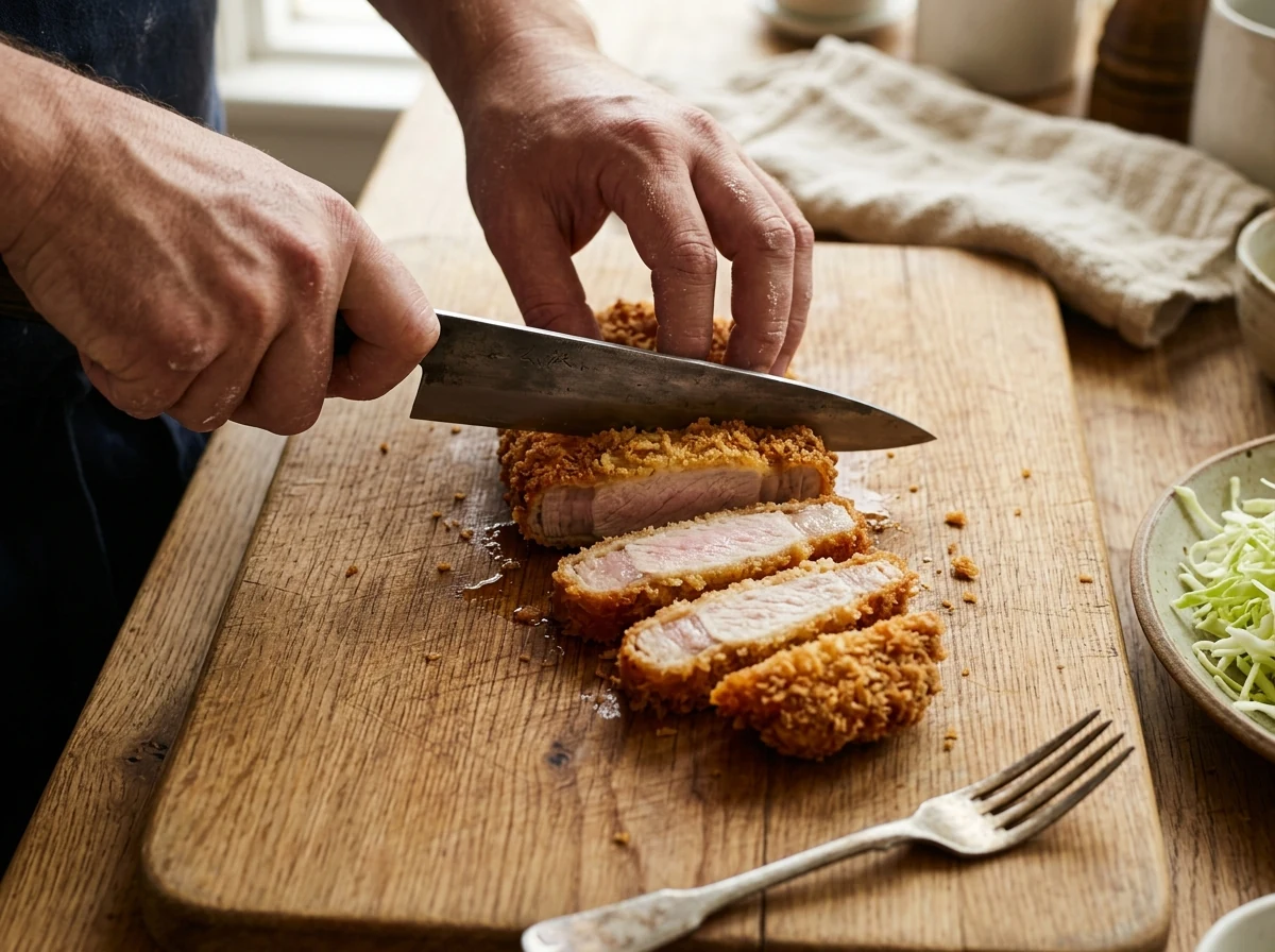 Tonkatsu wird in 2 cm dicke Streifen geschnitten, saftig-rosa Schnittfläche und knusprige goldene Hülle sichtbar.