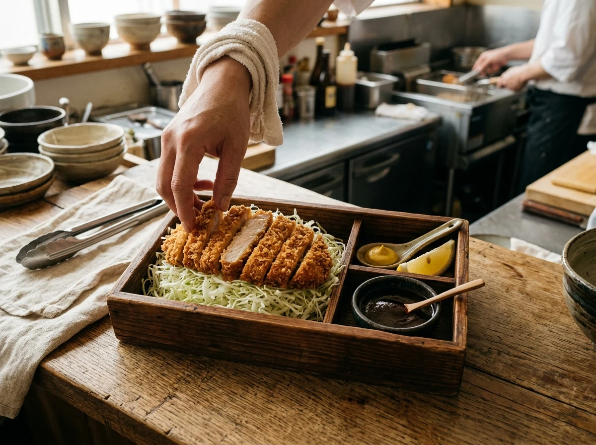 Tonkatsu-ya-Anrichte: in Streifen geschnittenes paniertes Schnitzel auf einem Bett aus fein geschnittenem Weißkohl, daneben Karashi-Senf, Zitronen-Schnitz, Schale Tonkatsu-Sauce.