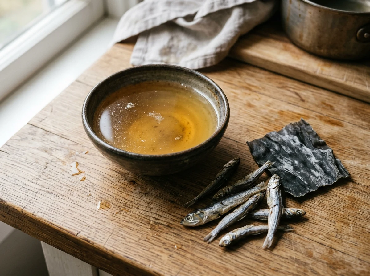Eine kleine Schüssel goldgelber Anchovis-Brühe, daneben getrocknete Anchovis und ein Stück Kombu.