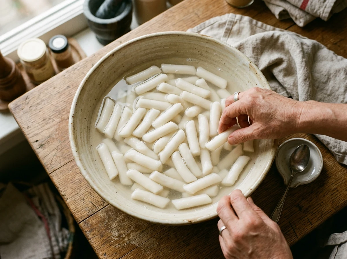 Zylindrische weiße Tteok-Reiskuchen-Stäbchen einweichen in einer Schale lauwarmem Wasser.