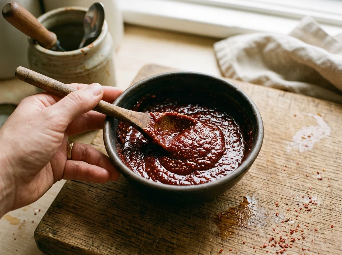 Tiefrote Gochujang-Gochugaru-Sojasauce-Paste in einer kleinen Schüssel.