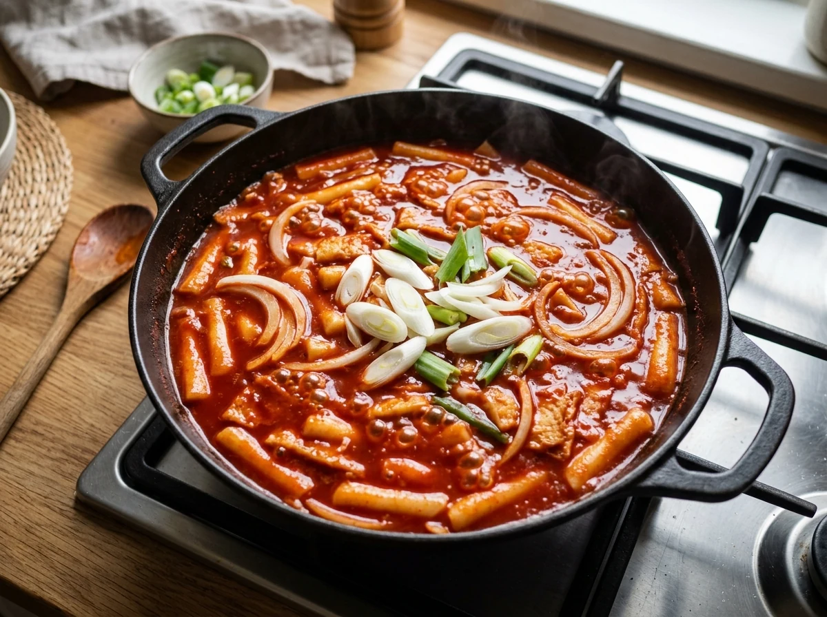 Tiefrote sprudelnde Sauce in einer breiten Pfanne mit Zwiebel-Halbringen und Frühlingszwiebel-Stielen.
